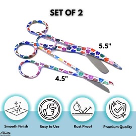 2Pcs Vet Tech Nurse Scissors Set Includes Lister Bandage Scissors + Suture Stitch Scissors Multifunction Stainless Steel Colorful Pattern Nursing Appreciation Week Gift (White Multi Paws)