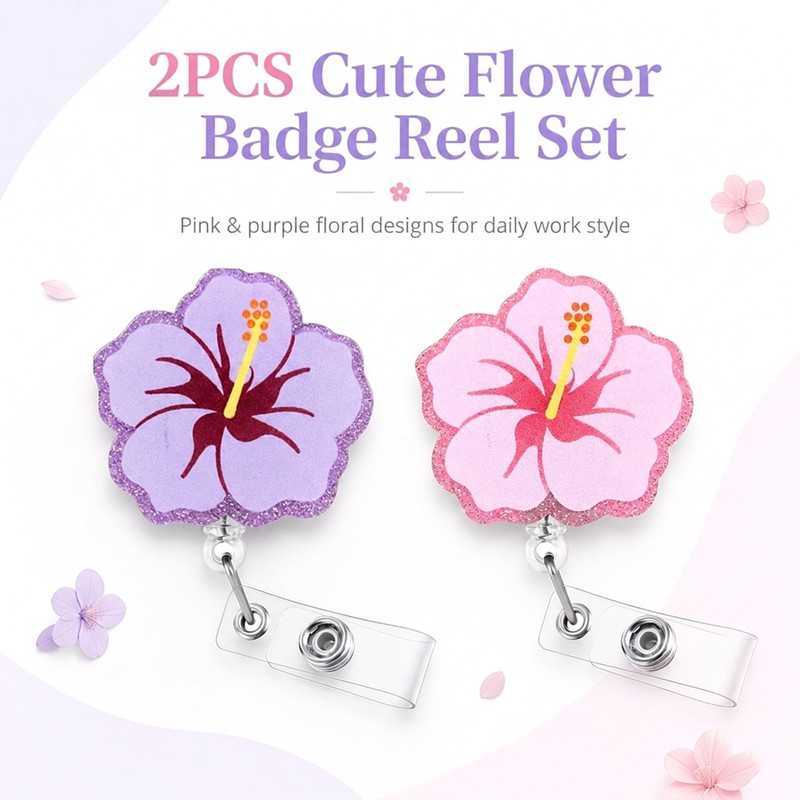 2PCS Flower Badge Reel Retractable ID Name Card Holder Floral