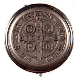 Pyx for Holy Communion Hosts 6.5 cm diameter x 2 cm deep. Eucharistic Minister Pyxes. Travelling Pyx.St Benedict Deisgn on Lid for Holy Communion. Saint Benedict Cross Design