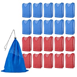 GSi Youth & Kids Pinnies with Velcro - Adjustable, Breathable, Lightweight Pinnies for Sports & Scrimmage Vests for Soccer/Basketball (10 Red, 10 Blue) - Includes Carry Bag