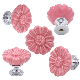 Tecrio 6PCS Vintage Floral Daisy Ceramic Dresser Drawer Knobs Elegant Cabinet Cupboard Door Hardware Pull Handles w/Screws Pink