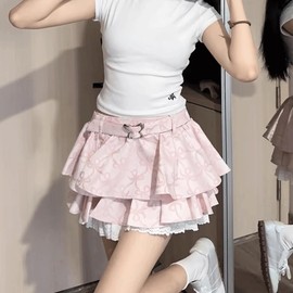 RILGOU Kawaii Gothic Harajuku Lolita Casual A-Line Cute Butterfly Buckle Ruffle Lace Trim Pleated Tiered Short Skirt L Pink