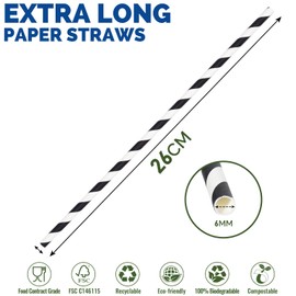 Lives on Green 26 x 0.6 cm Extra Long Disposable Paper Drinking Straws - Black/White Striped, Pack of 100, Biodegradable and Compostable