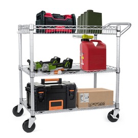WDT Heavy Duty 3 Tier Utility Cart,Wire Rolling Carts with Wheels, Commercial Grade Service Cart with Shelving Liners and Handle Bar Metal Carts for Kitchen Office Hardware (750LBS Capacity Silver)