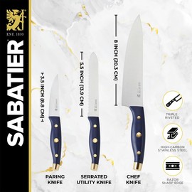 Sabatier - Juego de 3 piezas para chef – Incluye cuchillo de chef de 8 pulgadas, cuchillo de cocina serrado de 5.5 pulgadas, cuchillo de pelar de 3.5 pulgadas, esenciales para cocinar con cuchillas de