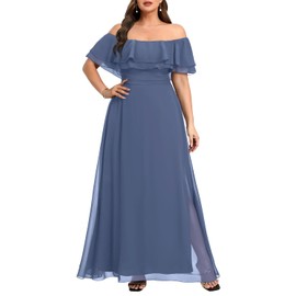 Plus Size Bridesmaid Dresses Dusty Blue Formal Wedding Guest Off Shoulder Chiffon Maxi Empire Waist Flowy A-Line Dress