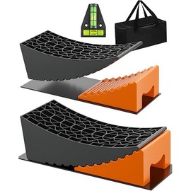 RV Leveling Blocks Ramp Kit, 2 Packs Camper Leveler System for Travel with Two Chocks, 2 Anti-Slip Mats, 1T Bubble Level and Carry Bag, Up to 35000 LBS, Easier & Faster to Level Camper-Orange