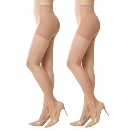 MANZI Sheer Pantyhose for Women 2 Pairs Translucent Tights 15 Denier Natural Medium