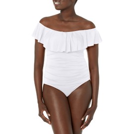 La Blanca Women's Standard Island Goddess Off Shoulder Ruffle One Piece Swimsuit, White, 8