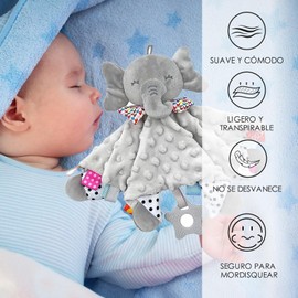 ZJTZJY Manta de Apego para Bebé con Sonajas, Juguetes de Peluche para Bebes, Mordedera para Bebe, Manta de Bebé Suave y Cómoda para Juguetes para Bebe de 0 a 6 Meses(Elefante Gris)