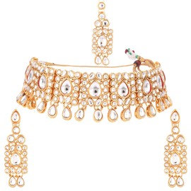 Efulgenz Conjunto de joyería india Kundan de cristal gargantilla collar pendientes colgantes Maang Tikka Head Chain Bollywood joyería de boda para mujeres, Cobre, no conocido,