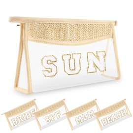 Small Boho Straw Clear Sun Makeup Bags for Women&Girls, Zipper Cosmetic Bag Chenille Varsity Letter Patch Bag, Preppy Cute Toiletry Pouch, Trendy Organizer Storage Bag for Beach Travel Essentials