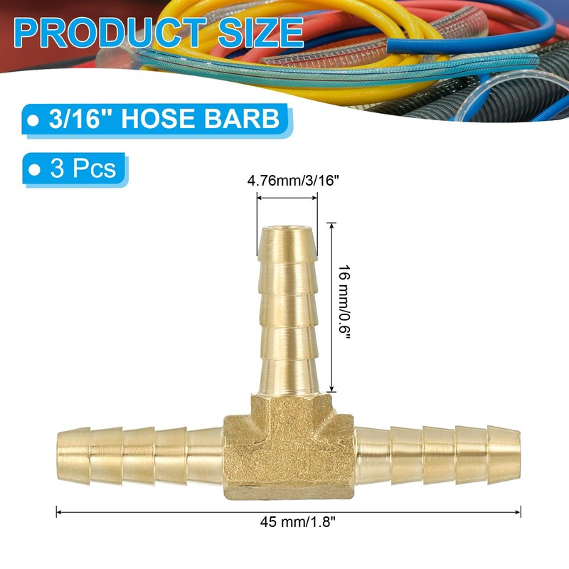 PATIKIL 3/16" Barb Tee Fittings 3 Way Union T Brass