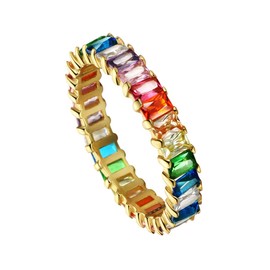 Michooyel 18K Gold Plated Emerald Cut Eternity Band Ring Rainbow Stone Cubic Zirconia Sterling Silver Ring for Women