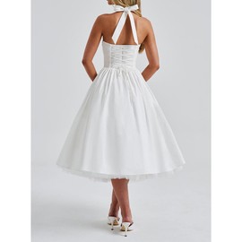 ABYOVRT Women Halter Midi Dress Corset Back Layered Tuller Skirt Sleeveless Swing Cocktail Prom Formal Dresses (White,M)