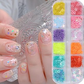 Hollow Stars Nail Art Sequins, 3D Colorful Hollow Five-Pointed Star Nail Glitter Flakes Design, 12Colors Pentagram Glitter Sequins Nail Decorations Holographic Acrylic Manicure Supplies Accessories