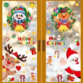 BSTMOME Christmas Window Stickers, 4 Sheets Christmas Window Decoration Stickers Snowflakes Window Clings PVC Double-Sided Staic Stickers for Xmas Window Decorations (BQ371+372+377+378)