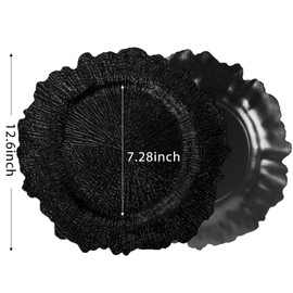 FANTEKE 25 Pack Round Black Charger Plates 12.6 Inch Plastic Black Reef Charger Plate Decor Round Floral Charger Plates for Wedding Party Dinner Event Birthday and Holiday Decoration