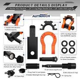 AUTMATCH Shackle Hitch Receiver 2" with 3/4" Mega D Ring Shackle and 5/8" Trailer Hitch Lock Pin, 68,000 Lbs Break Strength Heavy Duty Receiver Towing Kit for Off-Road Vehicle Recovery, Orange & Black