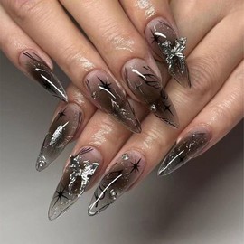 Buy 10 Get 10 Free! [Machine-Made] 24pcs Press-On Nails with Rhinestones & Flowers – French Style Glue-On Nails for Women & Girls Full Cover Shiny Glitter Long Lasting Quality:_M-AL-BK-004
