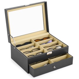 CO-Z 16 Compartment Sunglasses Organizer, Leather Eyeglasses Storage Box for Women Men, Lockable Eyewear Display Case with Drawer, Glasses Holder with 16 Slots for Watches Jewelry Collection, Black