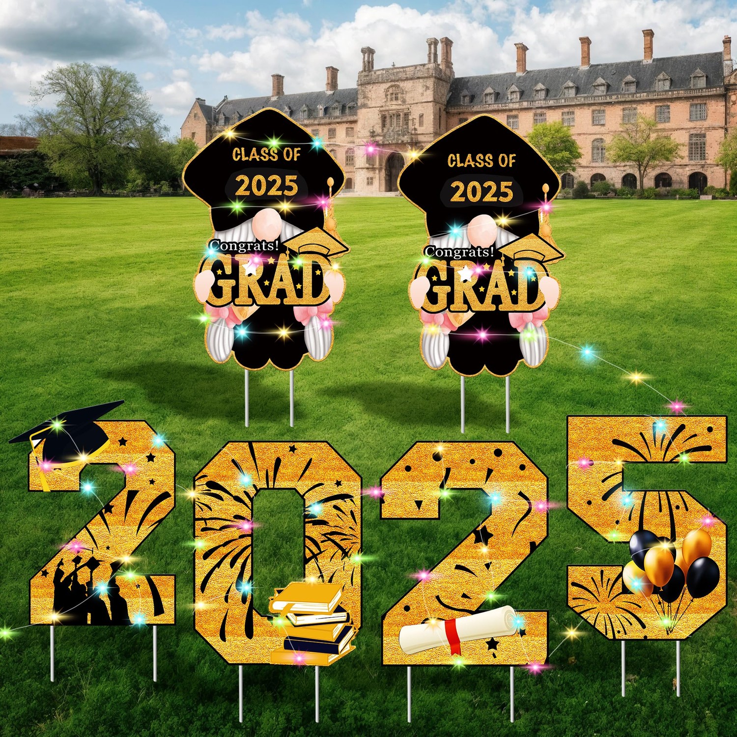 Katchon, Black And Gold Graduation Yard Signs Class Of 2025 Led Lights ...