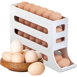 BEITEMAT 30 Eggs Egg Holder for Fridge,4 Tiers Egg Holder,Auto Rolling Fridge Egg Organizer for Refrigerator,Space-Saving Dispenser Holder,Egg Storage Rack for Kitchen(White)