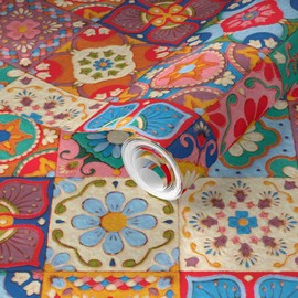 Removable Wallpaper 6ft x 2ft - Traditional Spanish Tiles Folk Vintage Antique Art Geometric Floral Squares Boho Custom Pre-Pasted Wallpaper by Spoonflower