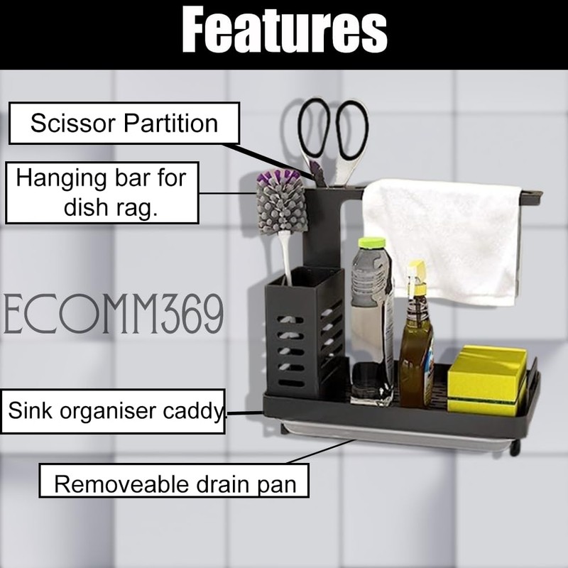 ECOMM369 Modern Minimalist Black Stainless Steel Kitchen Sink Caddy Organiser,