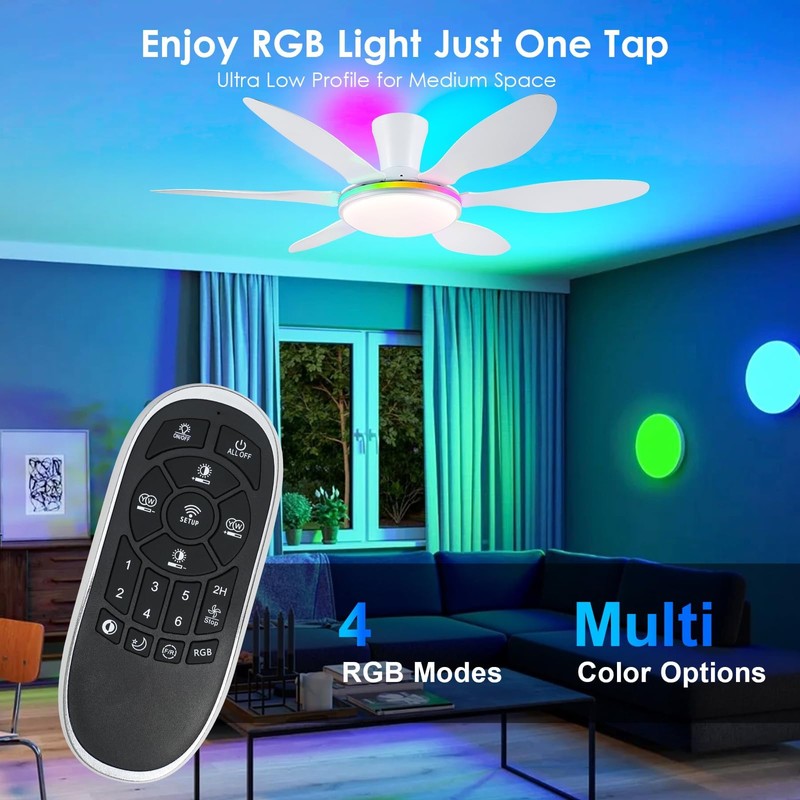 Ceiling Fans with Lights, 51 inch Modern White Low Profile