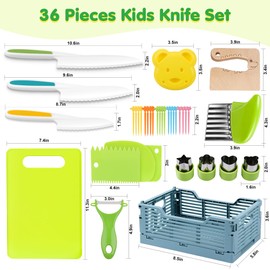 36Pcs Kids Knife Set for Real Cooking, Montessori Kitchen Tools for Toddlers, Safe Kids Cooking Toys with Storage Bin, Toddler Kitchen Knife Set for 3-10 Year Old Boys and Girls Birthday Gifts