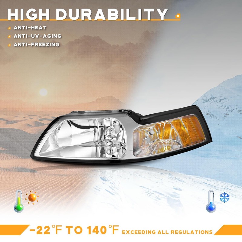 WEELMOTO Halogen Headlights for 1999-2004 Ford Mustang Headlight Assembly Pair