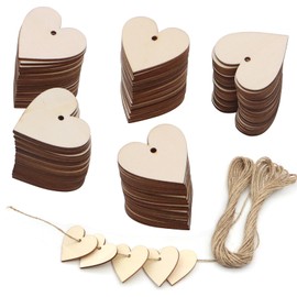 ZOCONE Pack of 100 Wooden Hearts Decorative Wooden Hearts Discs Decoration with Holes 40 mm Wooden Pendant Heart with 10 m Jute String Wooden Wedding Decoration Garden for Table Decoration DIY Craft