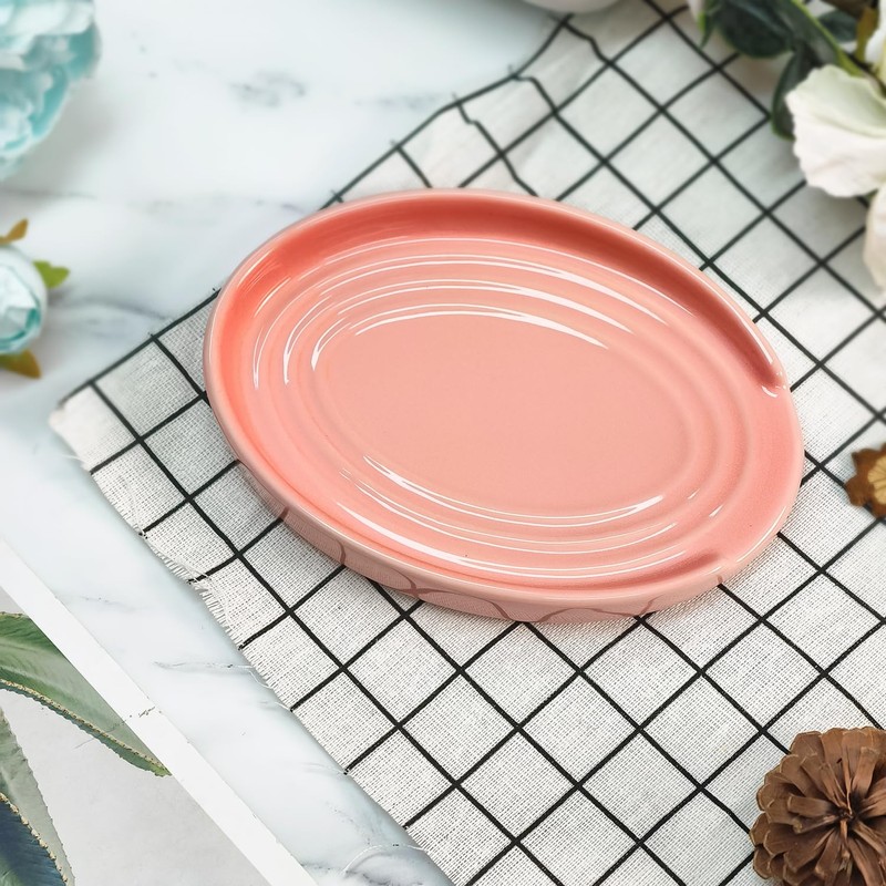 LIHOOOOM Ceramic Spoon Rest for Kitchen Counter, 6" Modern Pink