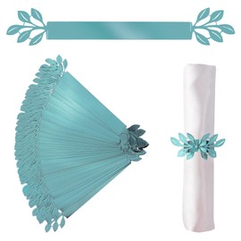 URROMA Reflective Napkin Ring, 50Pcs Mirror Green-Blue Leaf Napkin Clasp Decorative Towel Buckle Wedding Napkin Wraps Band Paper Napkin Holder