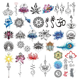 CARGEN 30 Sheets Yoga Temporary Tattoo Set Lycoris Radiata Shabby OM Mandalas Lotus Elephant Peacock Feather Waterproof Sticker