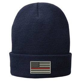 Trendy Apparel Shop US American Flag Thin Red Line Fire FD Embroidered Winter Folded Long Beanie - Navy