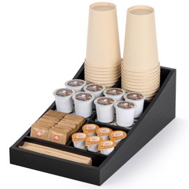 ANBOXIT Coffee Station Organizer for Countertop, Coffee Condiment Service Tray, Coffee Bar Supplies Organizer for Home, Office and Breakroom - Wooden, Black, 7 Compartment