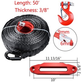 amopacorp 3/8" x 95ft Synthetic Winch Rope Cable + 10" Aluminum Red Hawse Fairlead for ATV UTV SUV Truck Boat Ramsey