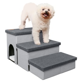 HOMELYSIAN Dog Stairs for High Beds, Folding Pet Steps for Small Dogs and Cats with Storage and Condo, Non-Slip Dog Steps for Couch and Bed up to 22 inches(3 Steps, Grey-Dark Grey)