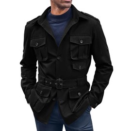 Runcati Mens Safari Jacket Military Utility Multi Pocket Casual Outdoor Fishing Cargo Outwear Coat with Belt