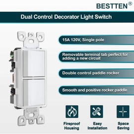 [10 Pack] BESTTEN Double Light Switch with Wallplate, On/Off Rocker Dual Wall Switch,15A/120V Single Pole Combination Interrupter, UL Listed, Snow White