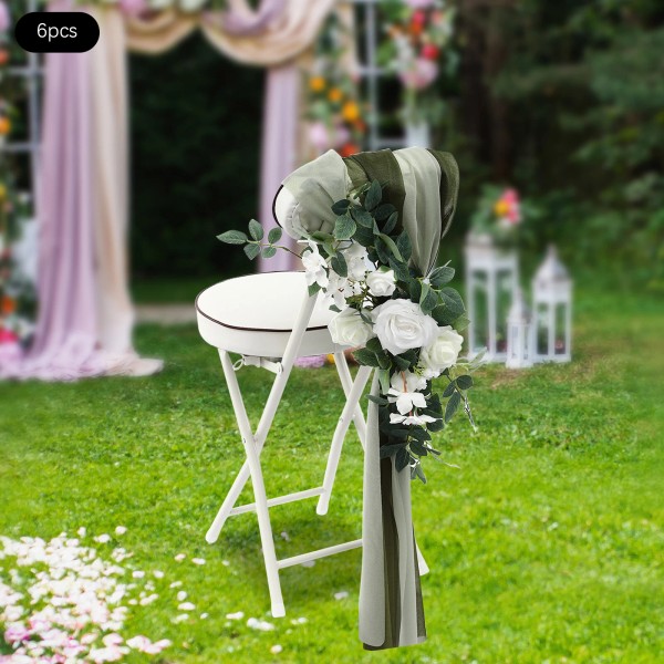 6PCS Artificial Flower with Fabric Green Ribbon Chair Cover Wedding