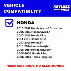 KeylessPros 3-BTN Cover Case Keyless Entry Remote Key Fob Shell Replacement, fits Honda Civic LX, CR-V, CR-Z, Pilot, Fit, Insight, Odyssey, Ridgeline, Accord Crosstour, NO Cutting Required