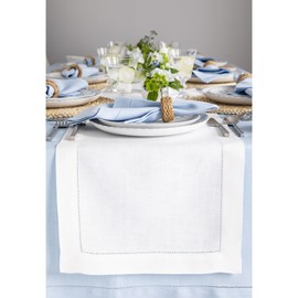 Solino Home Linen White Table Runner 60 Inch - 100% Pure Linen Classic Hemstitch Short Table Runner 14 x 60 Inch Ideal for Dresser and Coffee Tables - Spring, Easter
