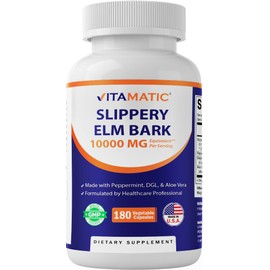 Vitamatic Slippery Elm Bark 10000 mg Equivalent Per Serving (from 20:1 Extract 500 mg), Made with Peppermint, DGL, & Aloe Vera - 180 Veg Capsules, and Concentrated 20X Potency