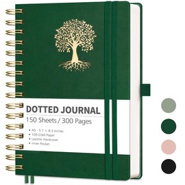 RETTACY Bullet Dotted Journal Notebook, 300 Pages, A5 Medium Size (5.7" × 8.3"), Leather Hardcover, 100 GSM Thick Paper, Spiral-bound, for Bullet Journaling, Planning, Tracking (Dark Green)