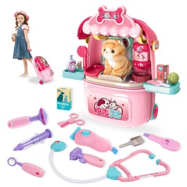 MAGIC4U Pet Cat Care Carrier Suitcase Toy, 29PCS Vet Clinic and Doctor Kit for Kids, Pet Kitty Grooming Feeding Toys, Veterinarian Pretend Play Set, Gifts for Boys and Girls Ages 3-12