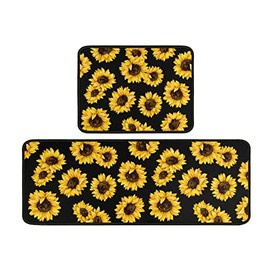 Dcohluk 2 Pieces Sunflower Kitchen Decoration Rug Set, Waterproof Kitchen Mats and Runner Rugs Washable for Kitchen Sink, Sunflower Decor Indoor 17" x 47" + 17" x 23" (Black 1)