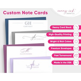 Tarjetas de notas personalizadas a medida con iniciales de monograma - Papelería de correspondencia plana y plegada - Notas de agradecimiento
